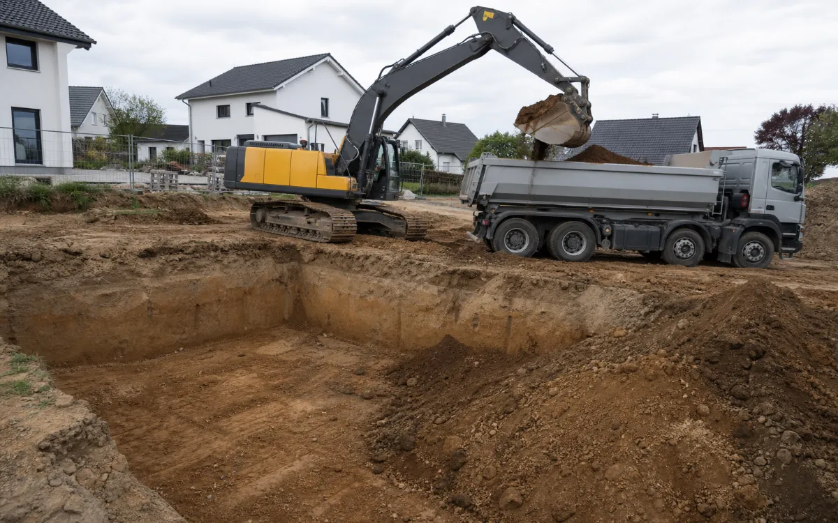 Excavation pit with an excavator and truck during excavation and soil removal