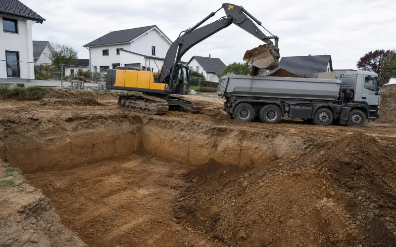 Excavation pit with an excavator and truck during excavation and soil removal