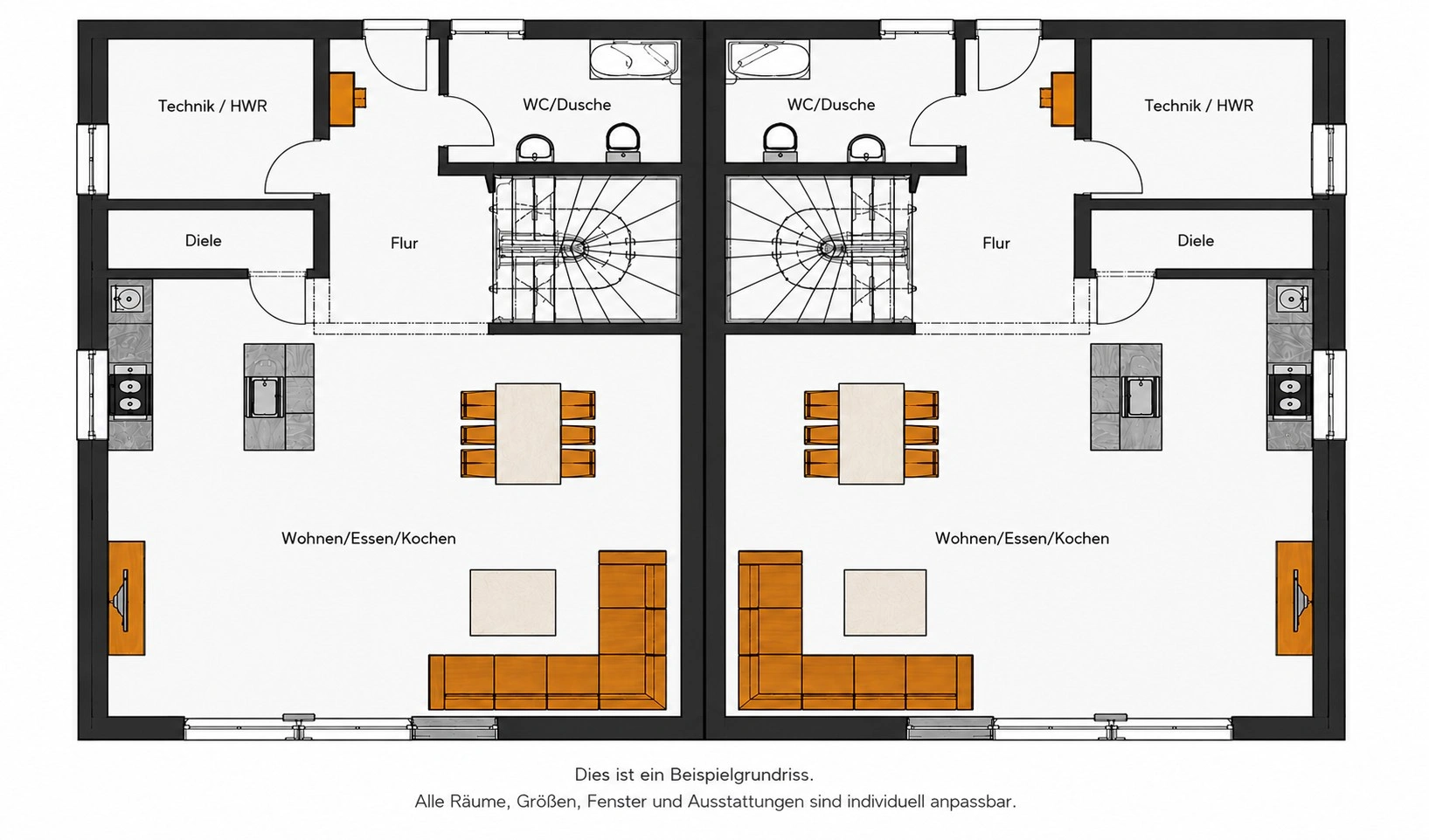 Sample ground-floor plan of a semi-detached house in Erpolzheim
