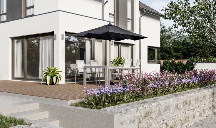 Patio construction with seating area, substructure and connection to the garden