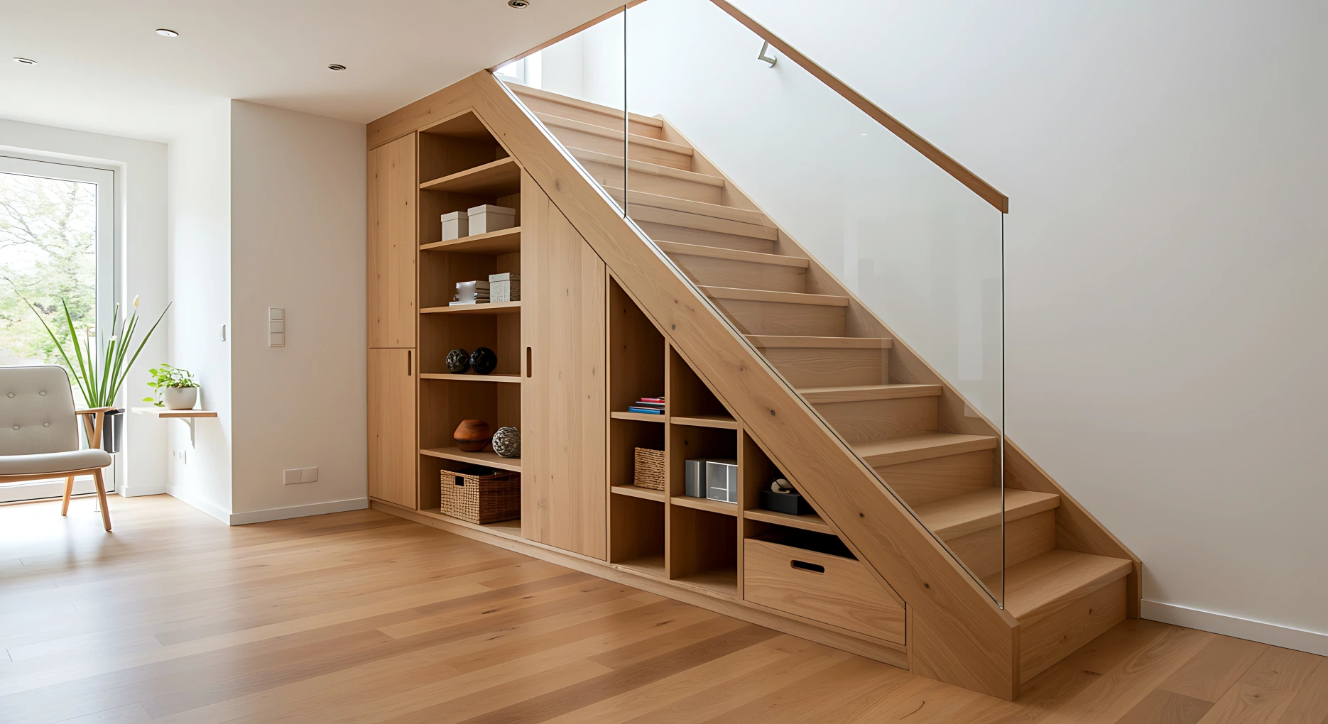 Staircase with integrated storage as an example of early coordinated space planning