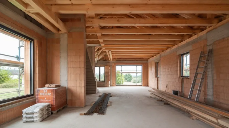 Unfinished interior with exposed brick walls, timber ceiling beams and a concrete staircase