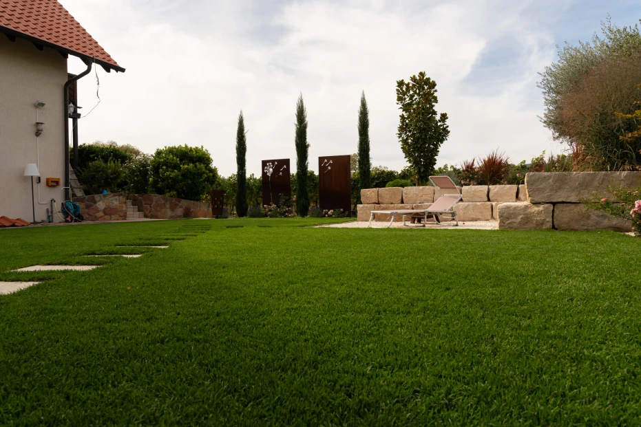 Individual stepping stones leading through the lawn between the house and the natural stone wall